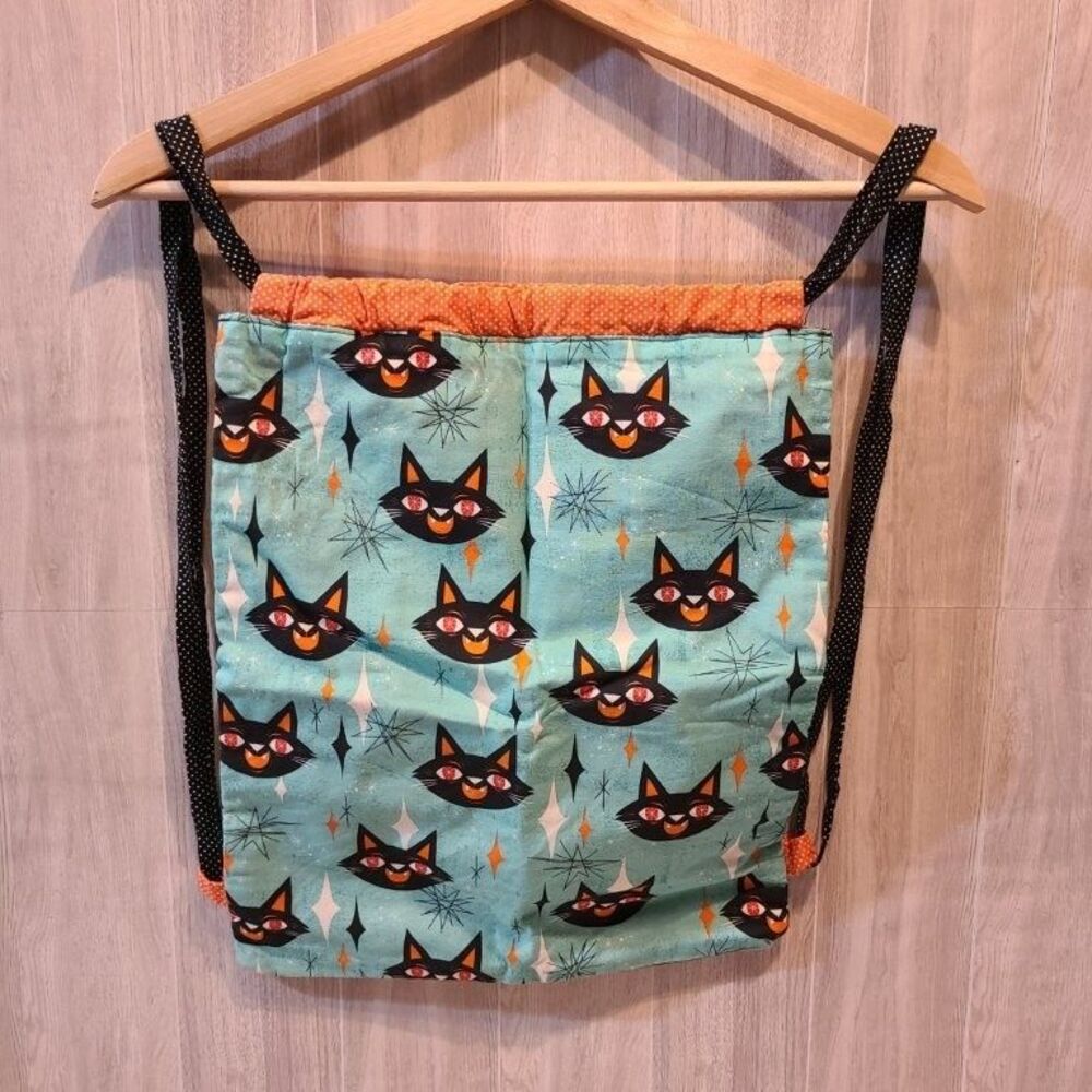 Retro Cat Project Bag Drawstring Backpack Medium Knitting Crochet Yarn WIP Pouch